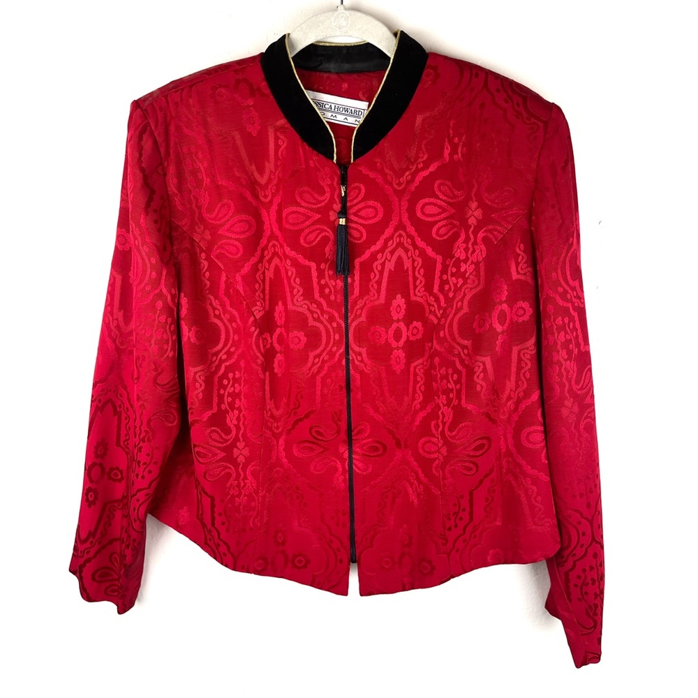 Vintage 90's Jessica Howard Women bright red damask Jacquard zip front Jacket
